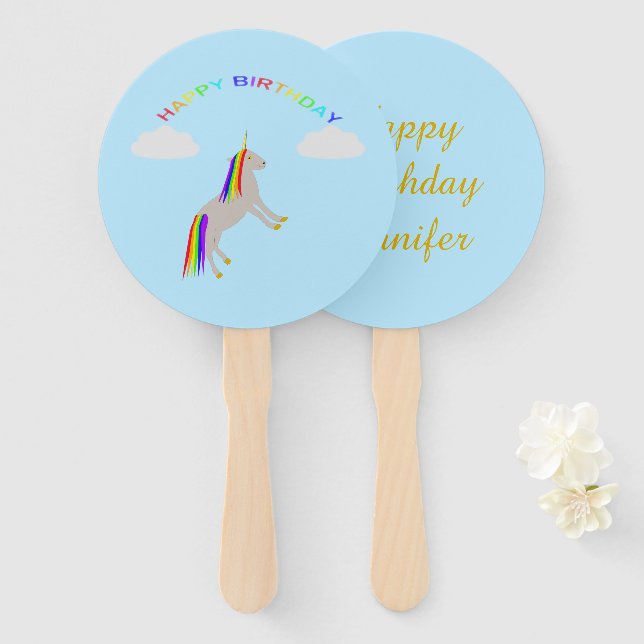 Fantasy Birthday Unicorn Rainbow and Clouds Custom Hand Fan (Front and Back)