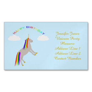 Fantasy Birthday Unicorn Rainbow and Clouds Custom Magnetic Business Card
