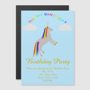 Fantasy Birthday Unicorn Rainbow and Clouds Custom Magnetic Invitation