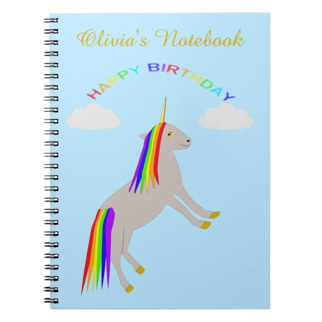 Fantasy Birthday Unicorn Rainbow and Clouds Custom Notebook (Front)