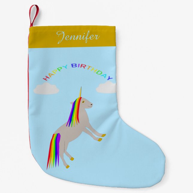 Fantasy Birthday Unicorn Rainbow and Clouds Custom Small Christmas Stocking (Front)