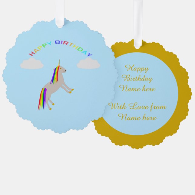 Fantasy Birthday Unicorn Rainbow and Clouds Custom Tree Decoration Card (Front/Back)