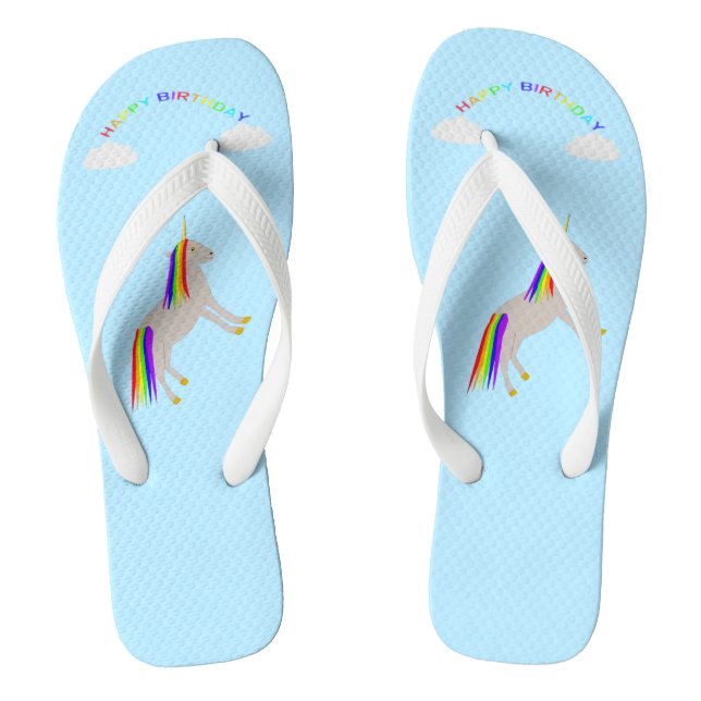 Fantasy Birthday Unicorn Rainbow and Clouds Flip Flops (Footbed)