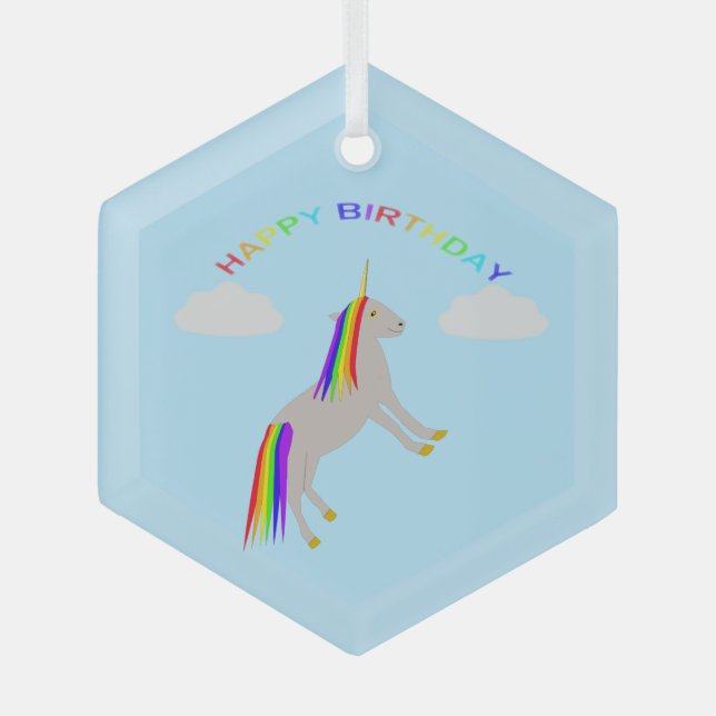Fantasy Birthday Unicorn Rainbow and Clouds Glass Tree Decoration (Front)