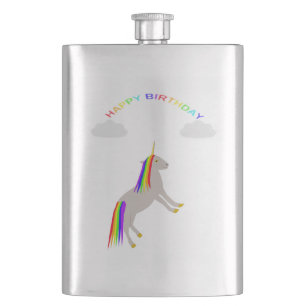 Fantasy Birthday Unicorn Rainbow and Clouds Hip Flask