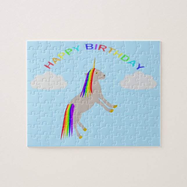 Fantasy Birthday Unicorn Rainbow and Clouds Jigsaw Puzzle (Horizontal)