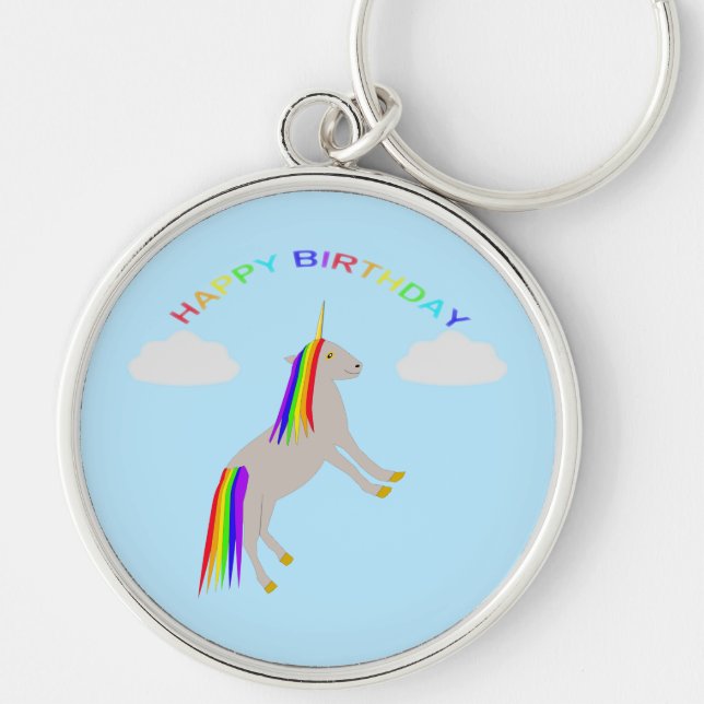 Fantasy Birthday Unicorn Rainbow and Clouds Key Ring (Front)