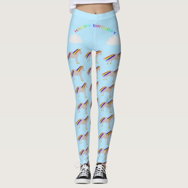 Fantasy Birthday Unicorn Rainbow and Clouds Leggings (Front)