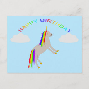 Fantasy Birthday Unicorn Rainbow and Clouds Postcard