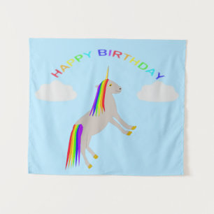Fantasy Birthday Unicorn Rainbow and Clouds Tapestry
