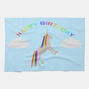 Fantasy Birthday Unicorn Rainbow and Clouds Tea Towel