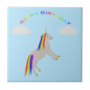 Fantasy Birthday Unicorn Rainbow and Clouds Tile