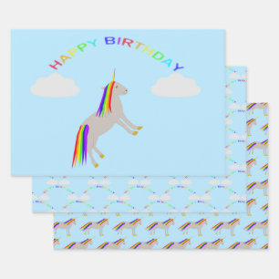 Fantasy Birthday Unicorn Rainbow and Clouds Wrapping Paper Sheet