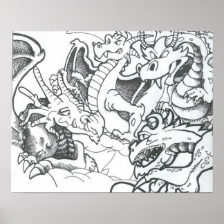 Fantasy black and white drawing dragons poster