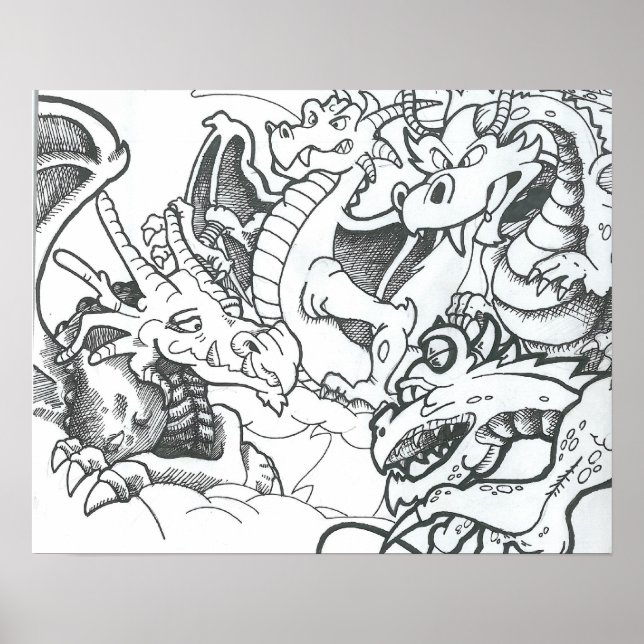 Fantasy black and white drawing dragons poster (Front)