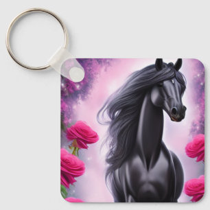 Fantasy Black Stallion and Pink Floral Graphic Key Ring