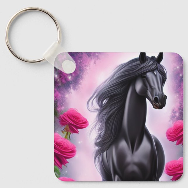 Fantasy Black Stallion and Pink Floral Graphic Key Ring (Front)