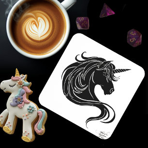 Fantasy Black Tribal Unicorn White Minimalist Coaster