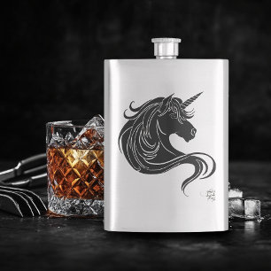 Fantasy Black Tribal Unicorn White Minimalist Hip Flask