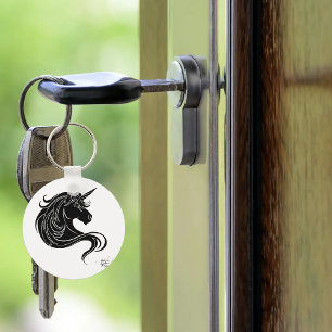 Fantasy Black Tribal Unicorn White Minimalist Key Ring