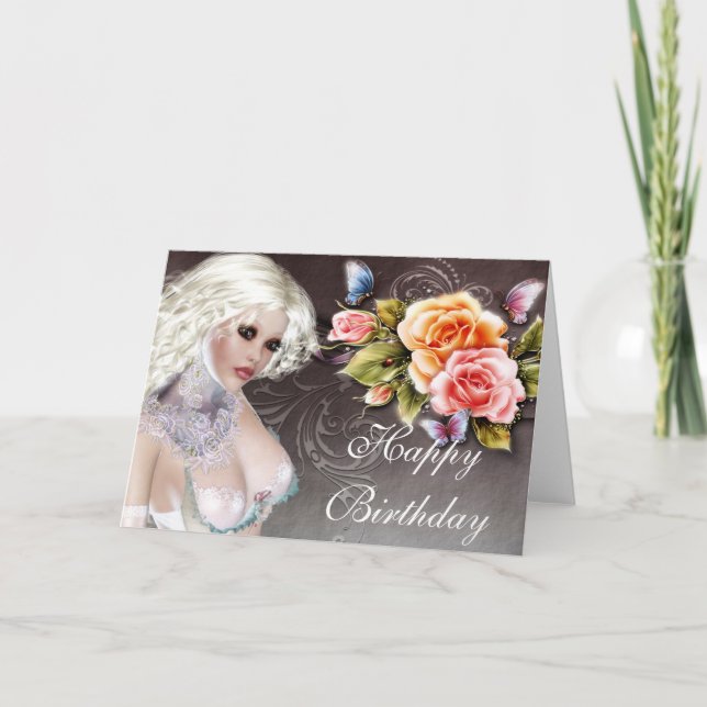 Fantasy Blonde with Roses Birthday Card 1 (Front)