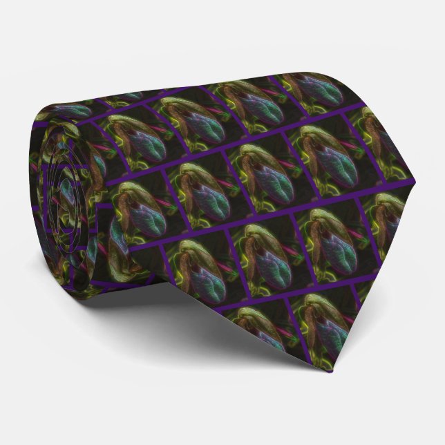 Fantasy Blue Abstract Lady Slipper Flower  Tie (Rolled)