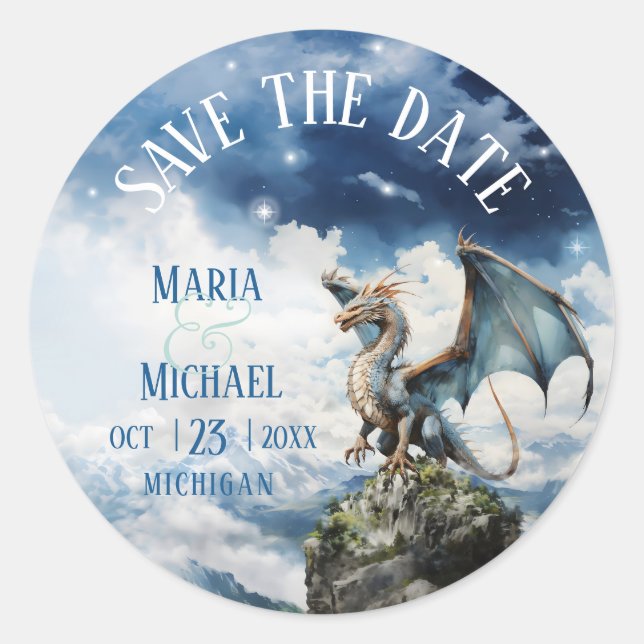 Fantasy Blue Dragon Wedding Save the Date Sticker (Front)