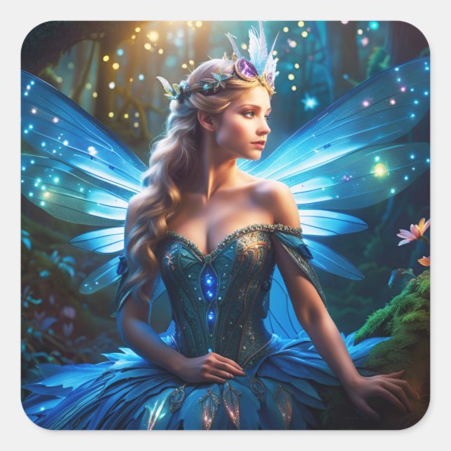 Fantasy Blue Dragonfly Fairy Princess Square Sticker (Front)