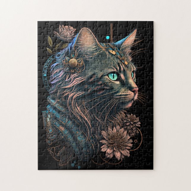 Fantasy blue eye cat  with flowers AI art Jigsaw Puzzle (Vertical)