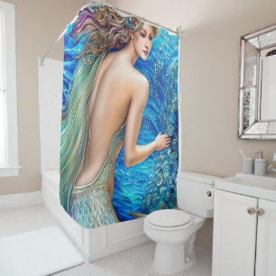 Fantasy Blue Mermaid Ocean Waves Art Shower Curtain
