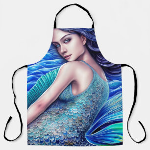 Fantasy Blue Ocean Waves Mermaid Abstract Art  Apron