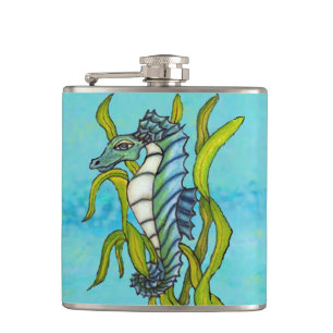 Fantasy Blue Sea Dragon Seahorse Seaweed Hip Flask