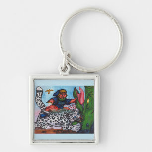 fantasy boy riding cat fighting dragon and eagle key ring