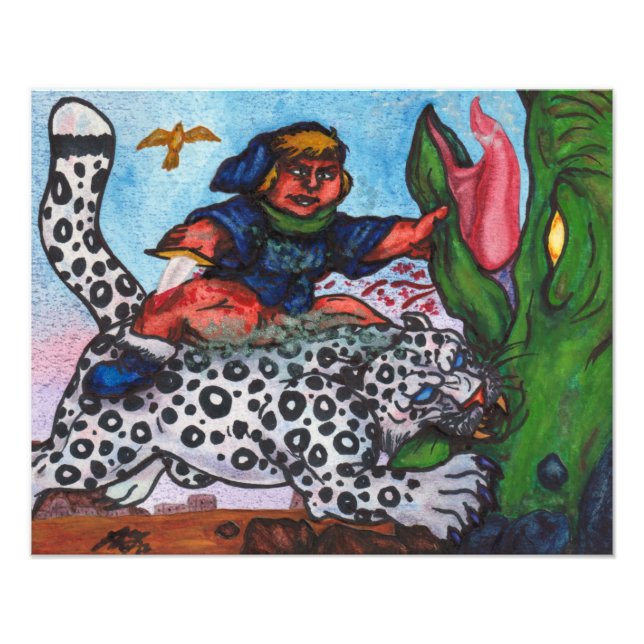 fantasy boy riding cat fighting dragon and eagle photo print (Front)