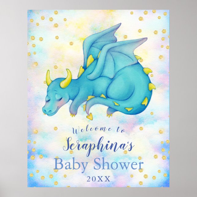 Fantasy Boys Blue Dragon Baby Shower Welcome Poster (Front)