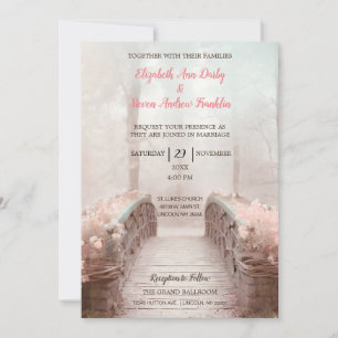 Fantasy Bridge in the Woods with Pink Flowers Invitation