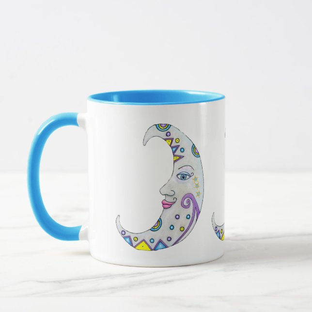 Fantasy Brightly Coloured Crescent Moons Faces Mug (Left)
