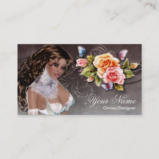 Fantasy Brunette Rose Woman Business Card (Front)