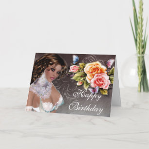 Fantasy Brunette with Roses Birthday Card 2