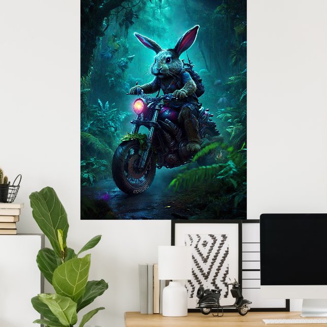 Fantasy Bunny Rabbit In Motorcycle Poster (Home Office)