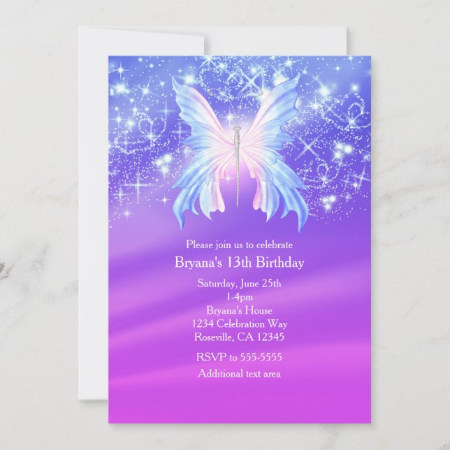 Fantasy Butterfly Pink & Purple Sparkle Party Invitation (Front)