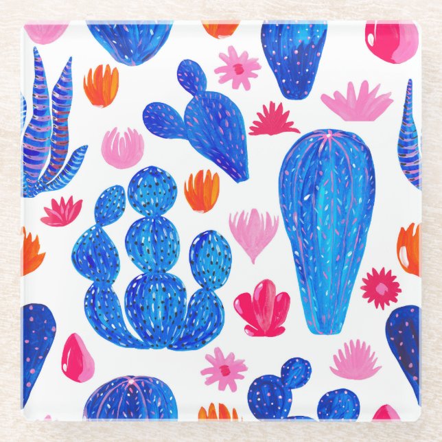 Fantasy Cacti: Decorative Seamless Pattern. Glass Coaster (Front)