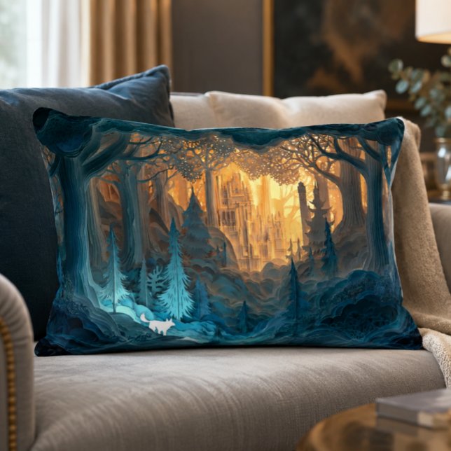 Fantasy Castle 16x12 Accent Pillow (Step into a glowing hidden kingdom where towering paper-cut forests open to a magical castle beyond )