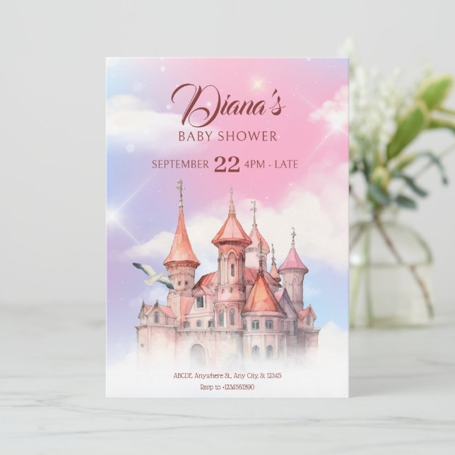 fantasy castle fairytale baby shower invitation (Standing Front)
