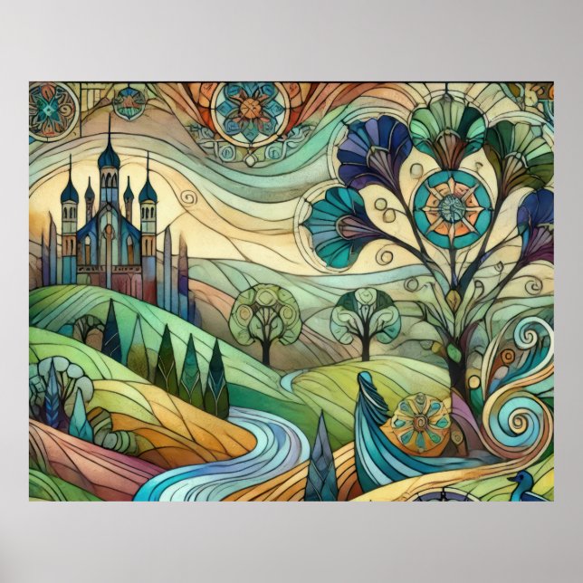 Fantasy Castle with Colourful Hills and River Poster (Front)