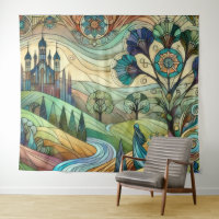 Fantasy Castle with Colourful Hills and River