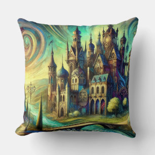 Fantasy Castle with Swirling Sky and Flowing River Cushion