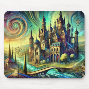 Fantasy Castle with Swirling Sky and Flowing River Mouse Mat