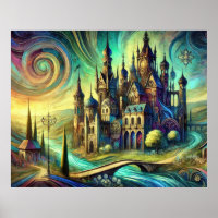 Fantasy Castle with Swirling Sky and Flowing River