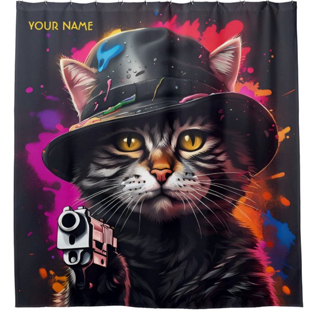 Fantasy Cat Gangster Gun Shower Curtain (Front)